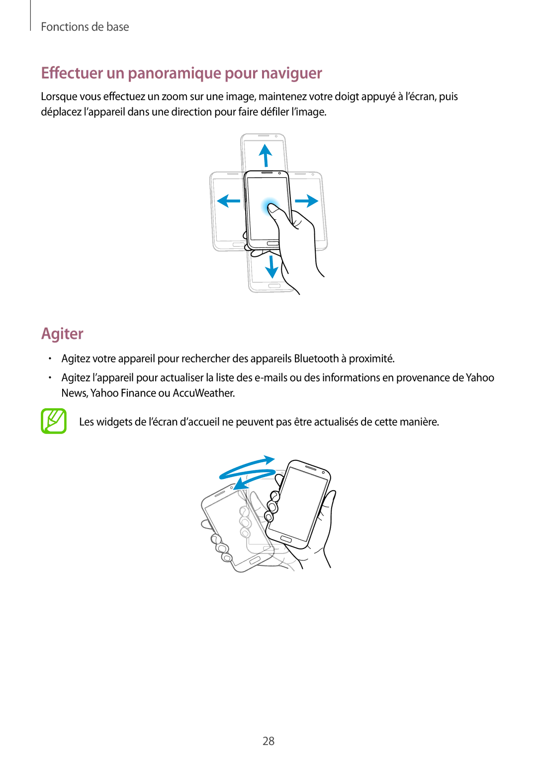 Samsung GT-N7100TADXEF, GT-N7100RWDSFR, GT-N7100VSDXEF, GT-N7100VSDSFR manual Effectuer un panoramique pour naviguer, Agiter 