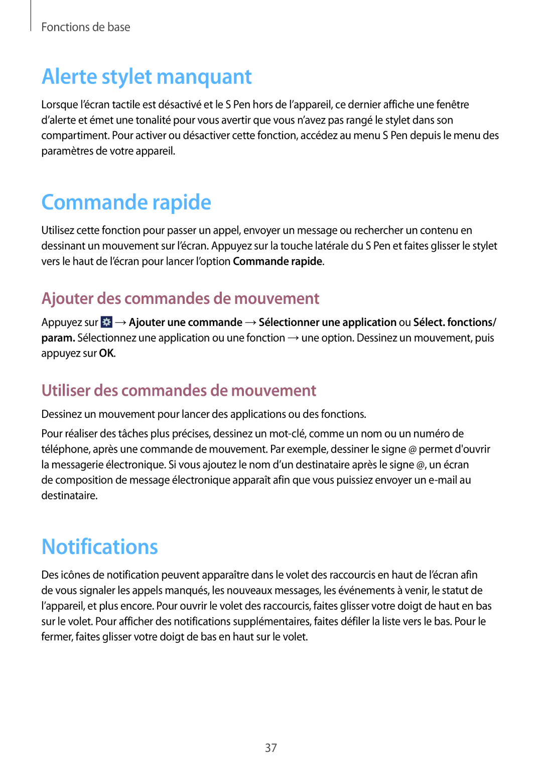 Samsung GT-N7100RWDFTM manual Alerte stylet manquant, Commande rapide, Notifications, Ajouter des commandes de mouvement 