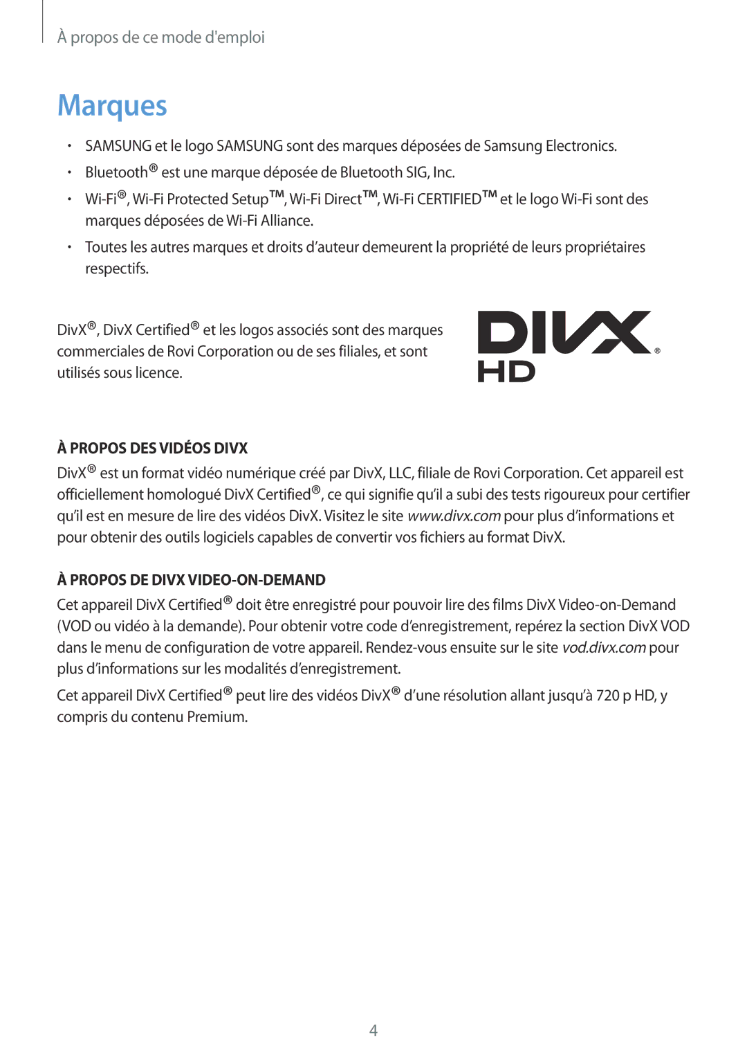 Samsung GT-N7100TADSFR, GT-N7100RWDSFR, GT-N7100VSDXEF manual Marques, Propos DES Vidéos Divx Propos DE Divx VIDEO-ON-DEMAND 