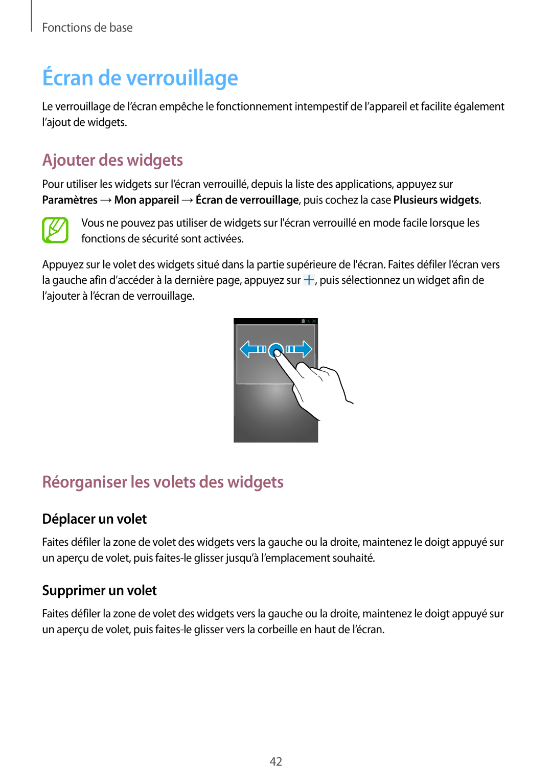Samsung GT-N7100RWDXEF, GT-N7100RWDSFR manual Écran de verrouillage, Ajouter des widgets, Réorganiser les volets des widgets 