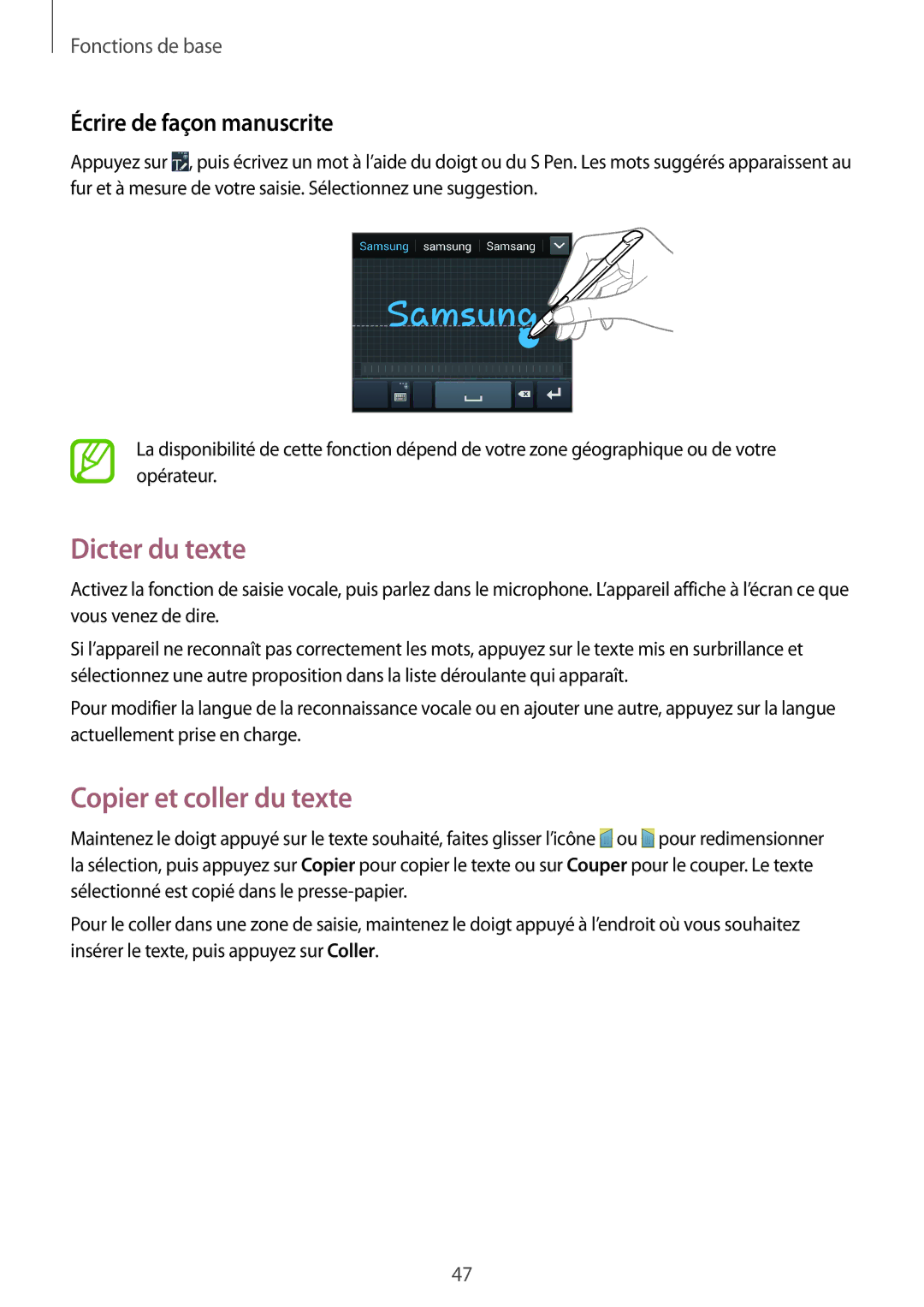 Samsung GT-N7100VSASFR, GT-N7100RWDSFR manual Dicter du texte, Copier et coller du texte, Écrire de façon manuscrite 