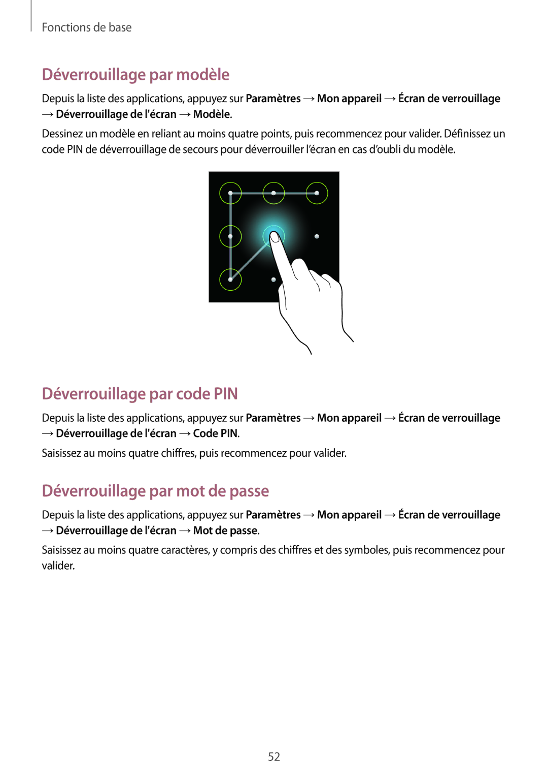 Samsung GT-N7100VSDFTM manual Déverrouillage par modèle, Déverrouillage par code PIN, Déverrouillage par mot de passe 