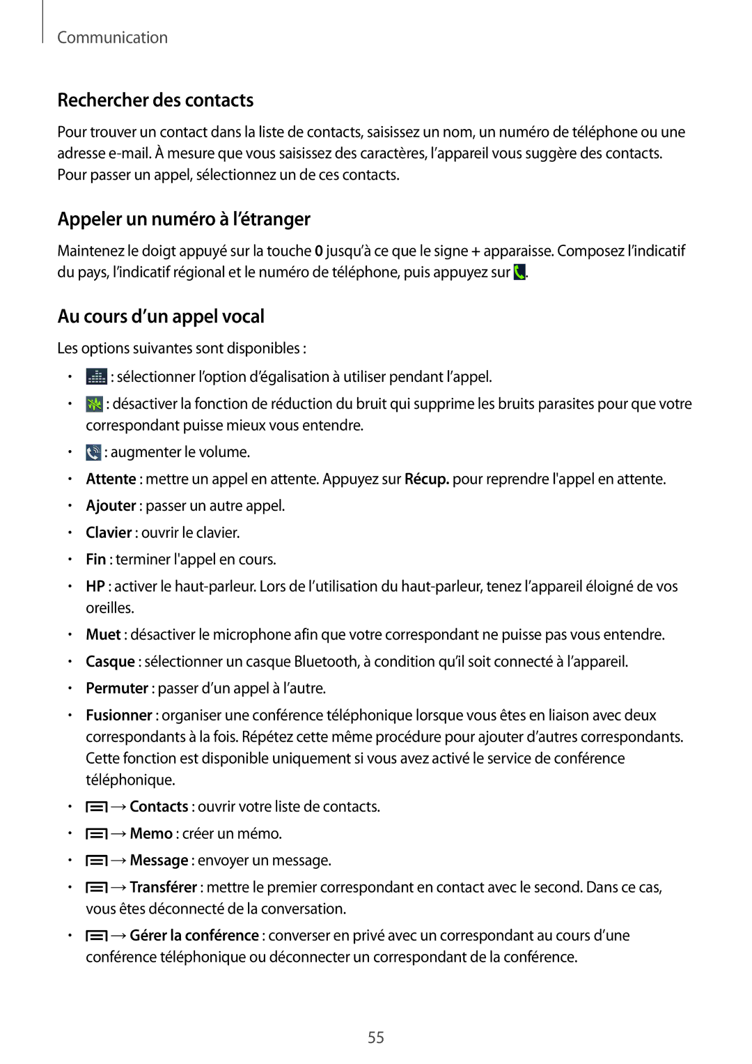 Samsung GT-N7100TADBOG, GT-N7100RWDSFR Rechercher des contacts, Appeler un numéro à l’étranger, Au cours d’un appel vocal 