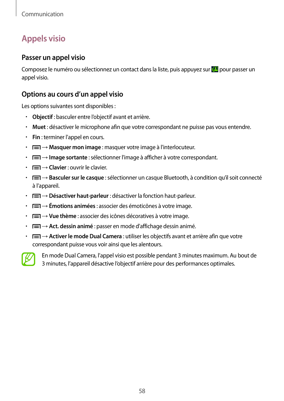 Samsung GT-N7100TAXXEF, GT-N7100RWDSFR manual Appels visio, Passer un appel visio, Options au cours d’un appel visio 