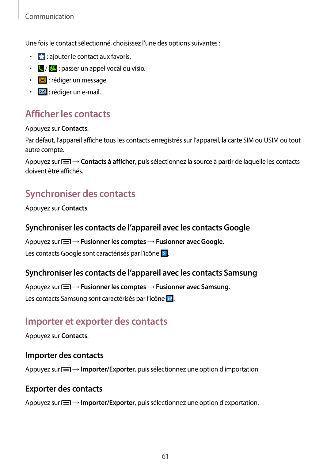 Samsung GT-N7100VSAXEF, GT-N7100RWDSFR Afficher les contacts, Synchroniser des contacts, Importer et exporter des contacts 