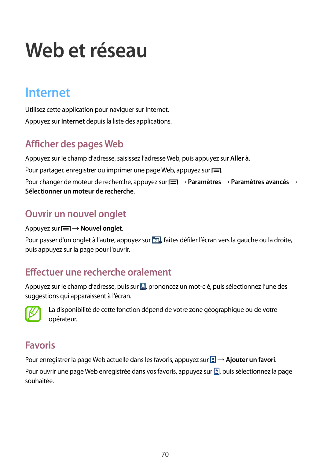 Samsung GT-N7100TADSFR manual Internet, Afficher des pages Web, Ouvrir un nouvel onglet, Effectuer une recherche oralement 