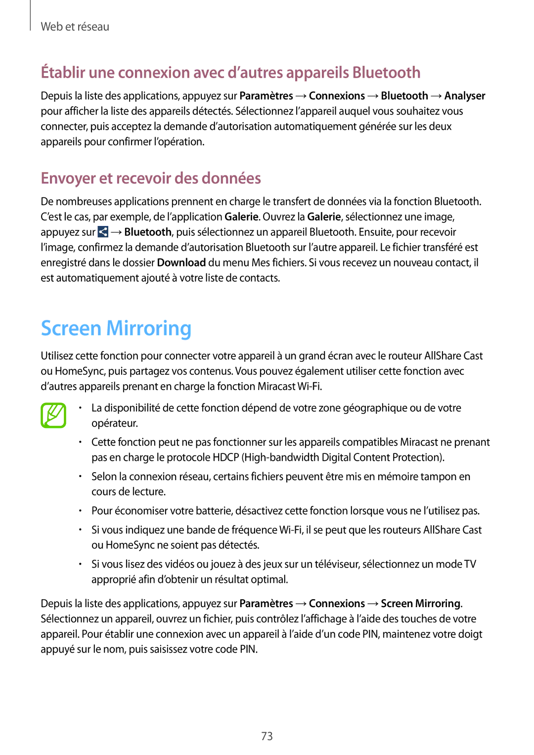 Samsung GT-N7100RWABOG, GT-N7100RWDSFR manual Screen Mirroring, Établir une connexion avec d’autres appareils Bluetooth 