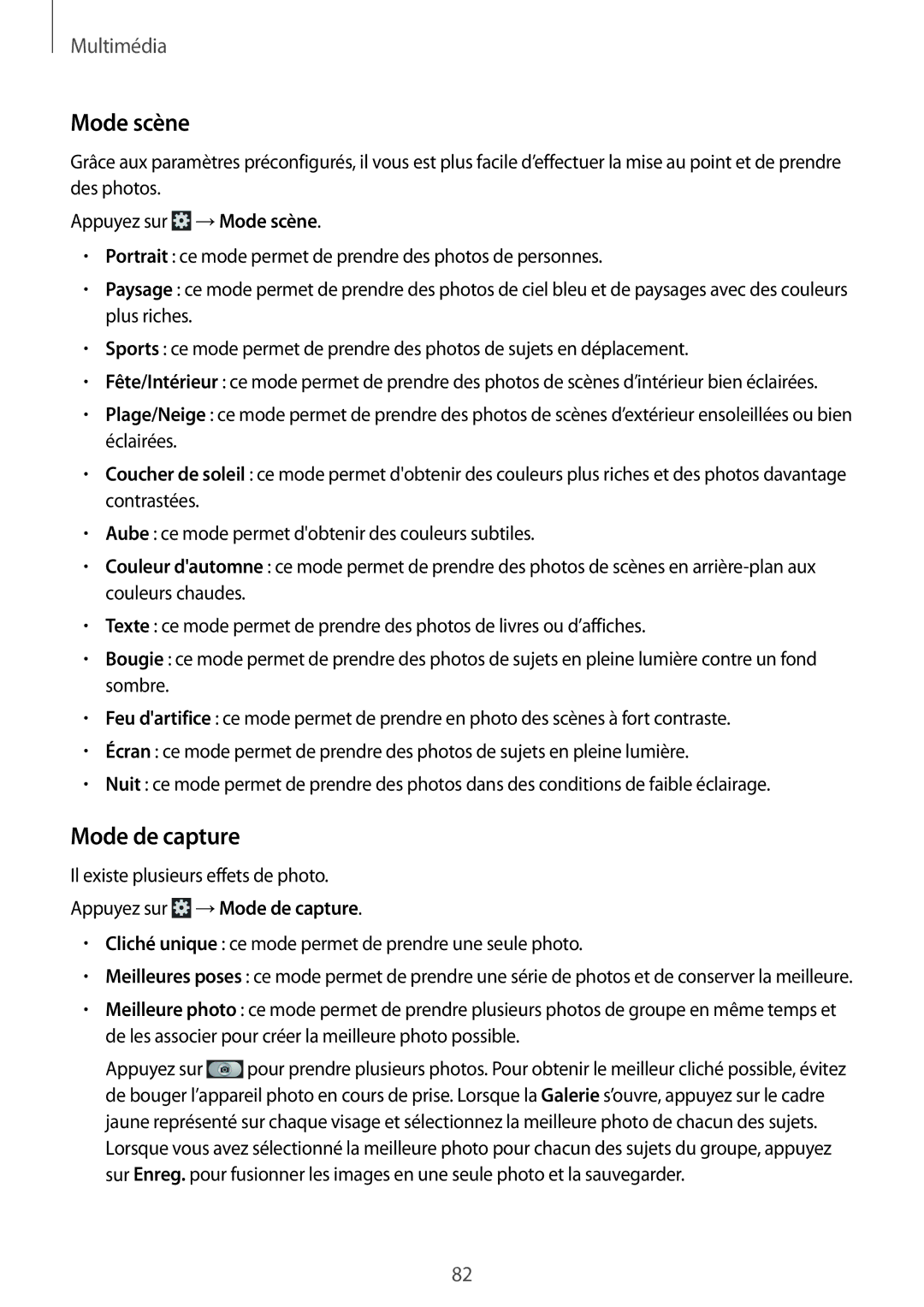 Samsung GT-N7100RWASFR, GT-N7100RWDSFR, GT-N7100VSDXEF, GT-N7100VSDSFR manual Mode scène, Appuyez sur →Mode de capture 