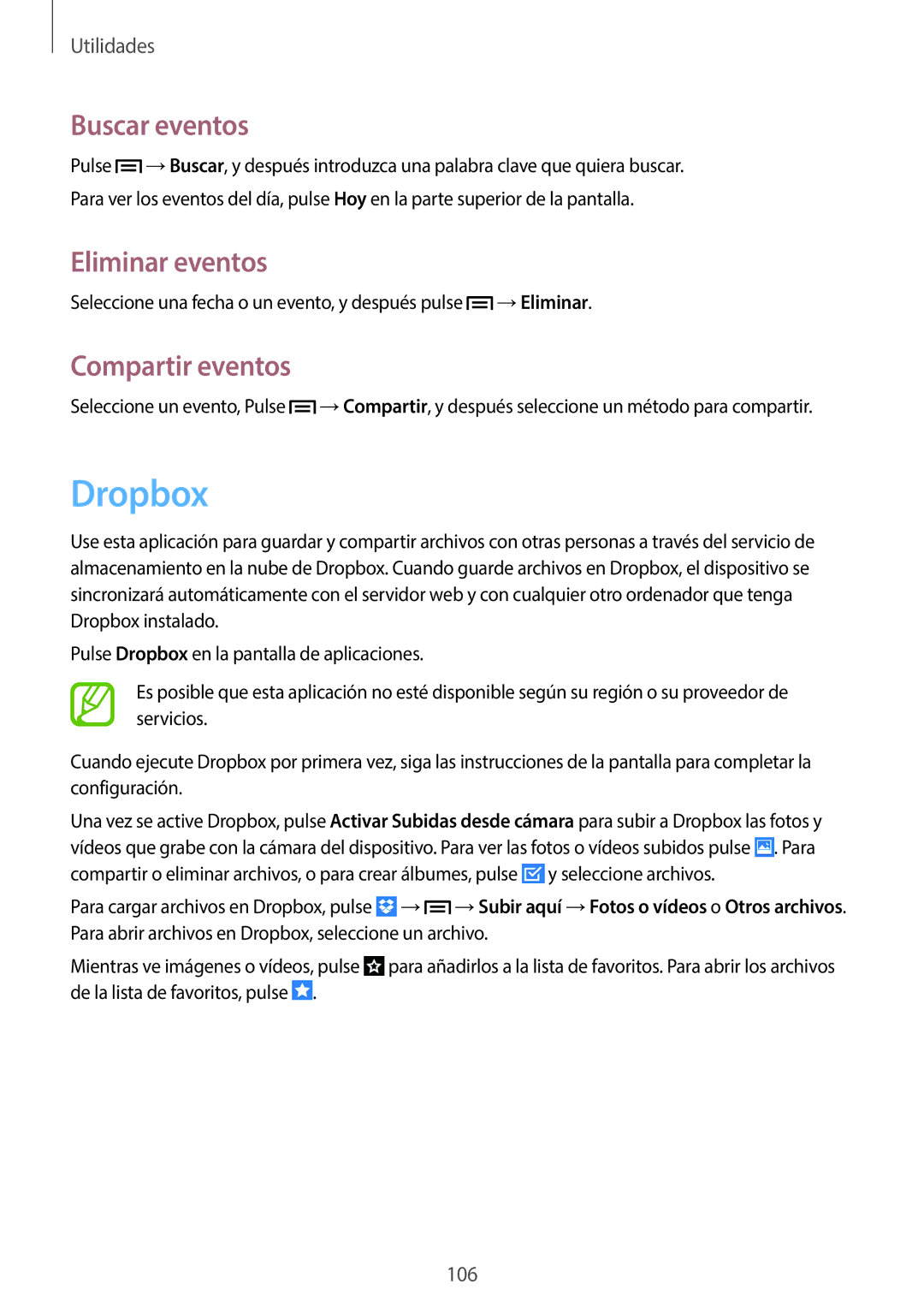 Samsung GT-N7100TADDBT, GT-N7100RWDTPH, GT-N7100RWDDBT manual Dropbox, Buscar eventos, Eliminar eventos, Compartir eventos 