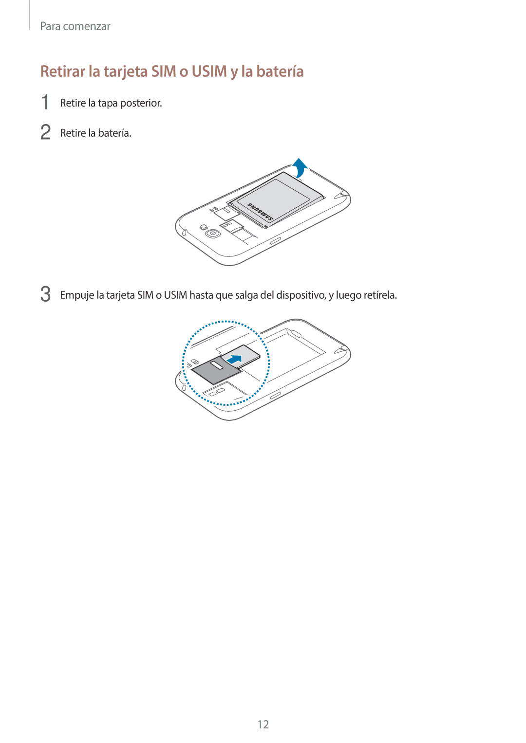 Samsung GT-N7100TADTPH, GT-N7100RWDTPH, GT-N7100RWDDBT, GT-N7100TADDBT manual Retirar la tarjeta SIM o Usim y la batería 