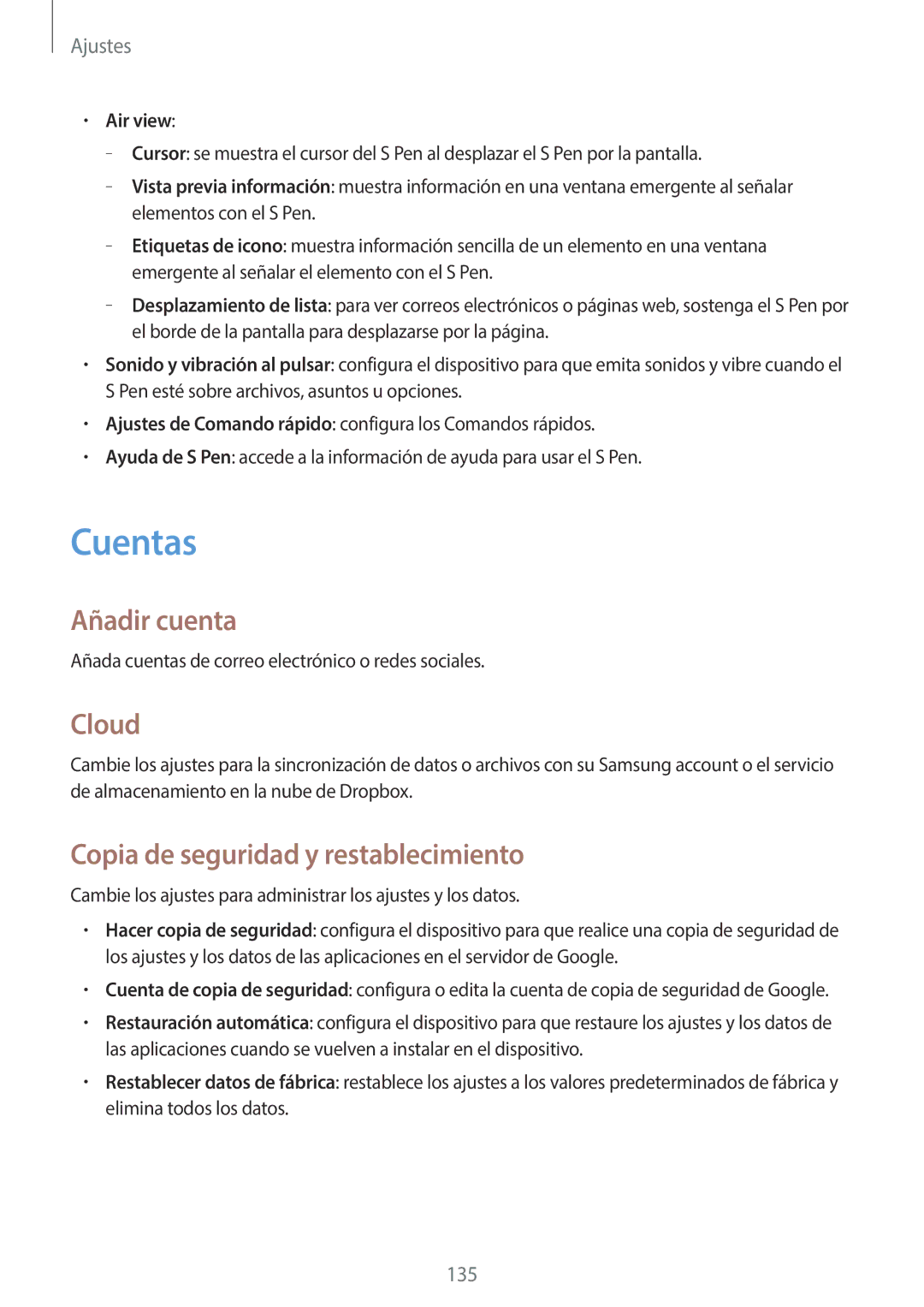 Samsung GT-N7100VSDAMN, GT-N7100RWDTPH manual Cuentas, Añadir cuenta, Cloud, Copia de seguridad y restablecimiento, Air view 