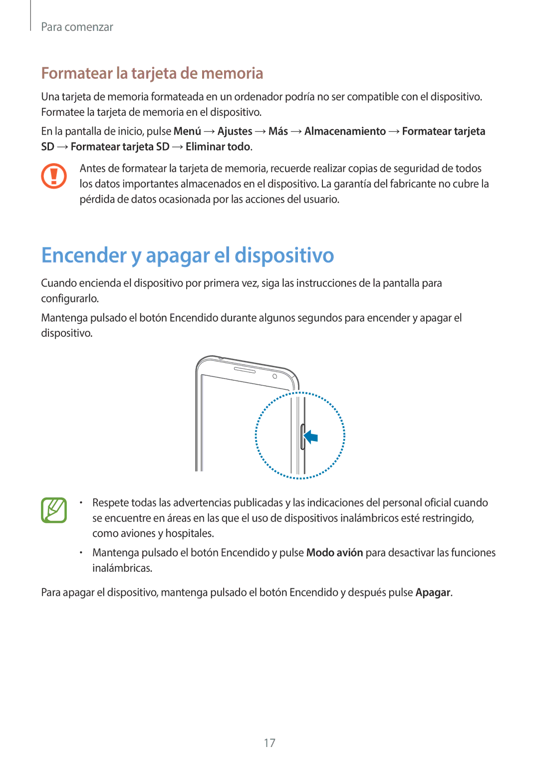 Samsung GT-N7100RWDMWD, GT-N7100RWDTPH, GT-N7100RWDDBT Encender y apagar el dispositivo, Formatear la tarjeta de memoria 