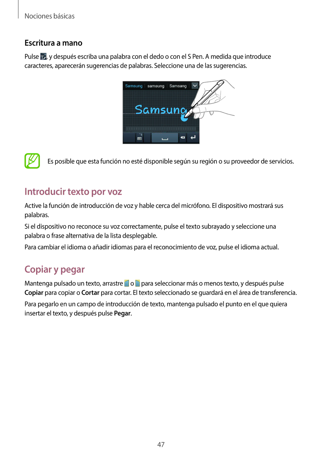 Samsung GT-N7100TADXEC, GT-N7100RWDTPH, GT-N7100RWDDBT manual Introducir texto por voz, Copiar y pegar, Escritura a mano 