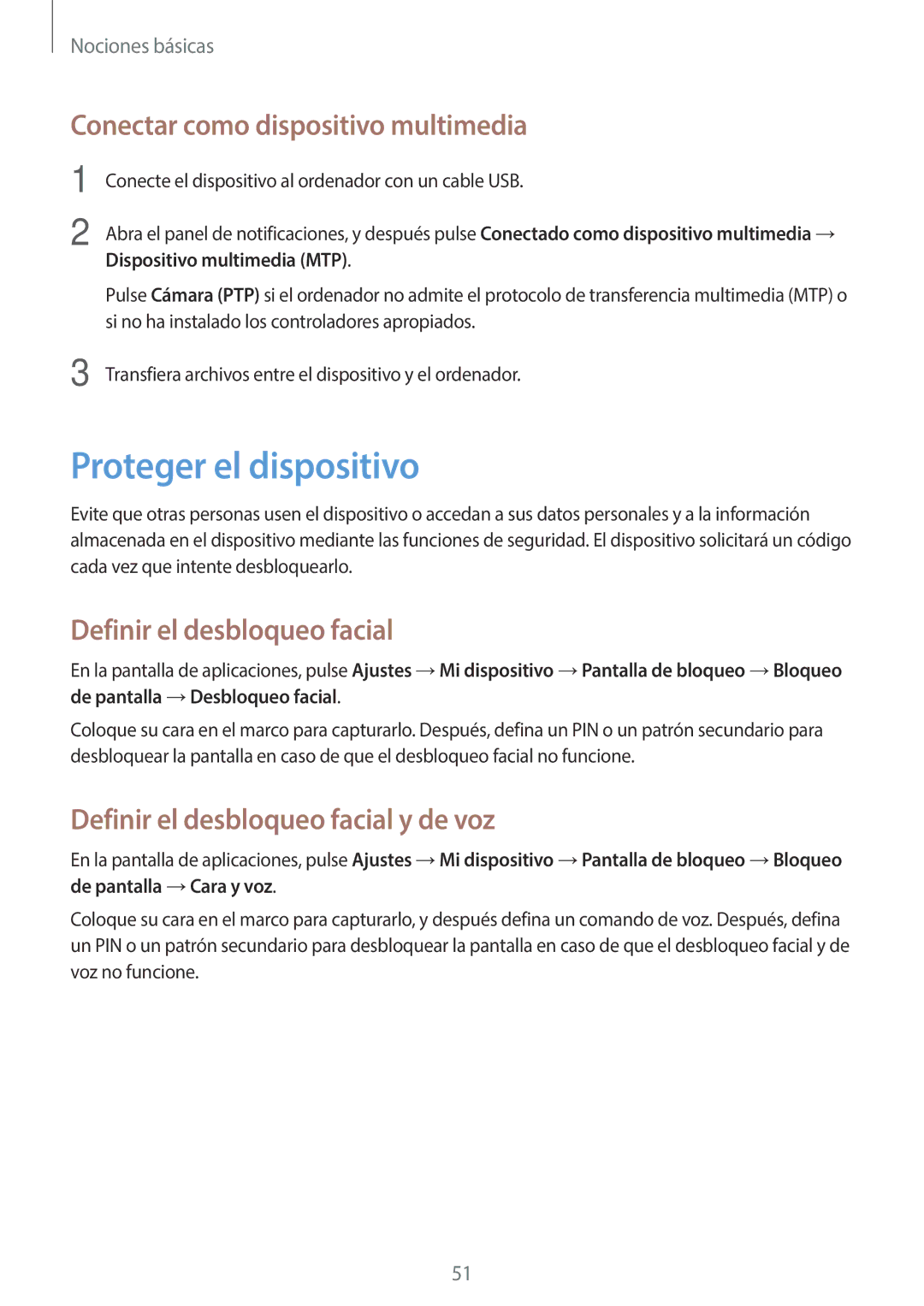 Samsung GT-N7100RWDAMN manual Proteger el dispositivo, Conectar como dispositivo multimedia, Definir el desbloqueo facial 