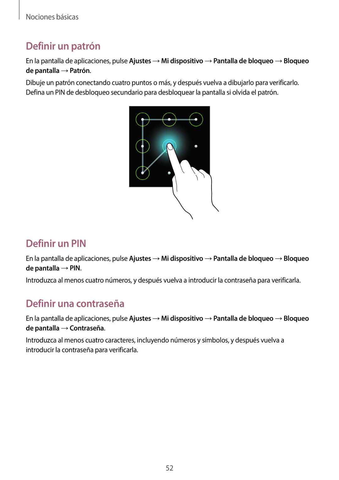 Samsung GT-N7100RWDTPH, GT-N7100RWDDBT, GT-N7100TADDBT manual Definir un patrón, Definir un PIN, Definir una contraseña 