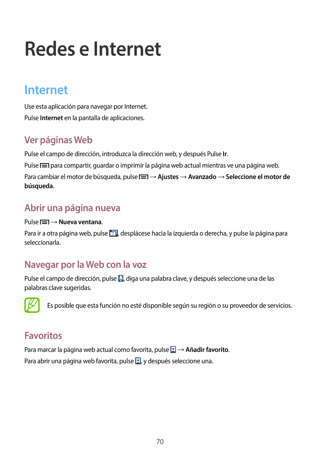 Samsung GT-N7100TADATL manual Internet, Ver páginas Web, Abrir una página nueva, Navegar por la Web con la voz, Favoritos 
