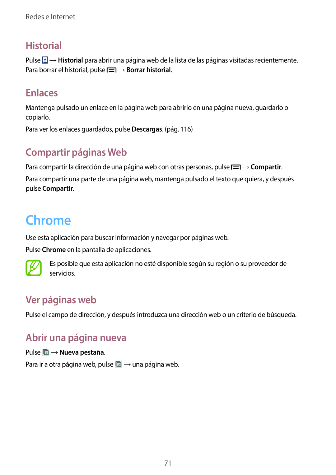 Samsung GT-N7100TADPHE, GT-N7100RWDTPH manual Chrome, Historial, Enlaces, Compartir páginas Web, Pulse →Nueva pestaña 