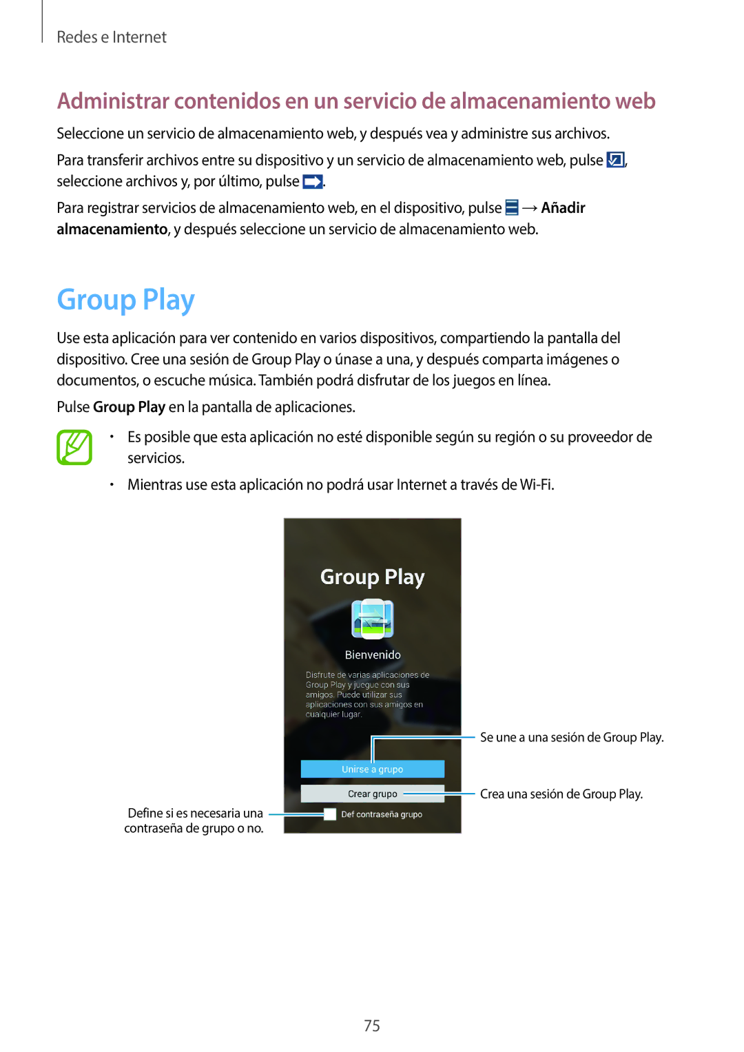 Samsung GT-N7100TADBTU, GT-N7100RWDTPH manual Group Play, Administrar contenidos en un servicio de almacenamiento web 