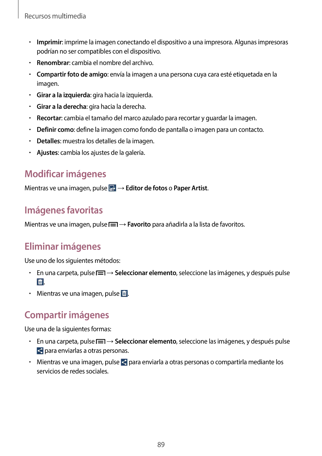 Samsung GT-N7100TADYOG, GT-N7100RWDTPH manual Modificar imágenes, Imágenes favoritas, Eliminar imágenes, Compartir imágenes 