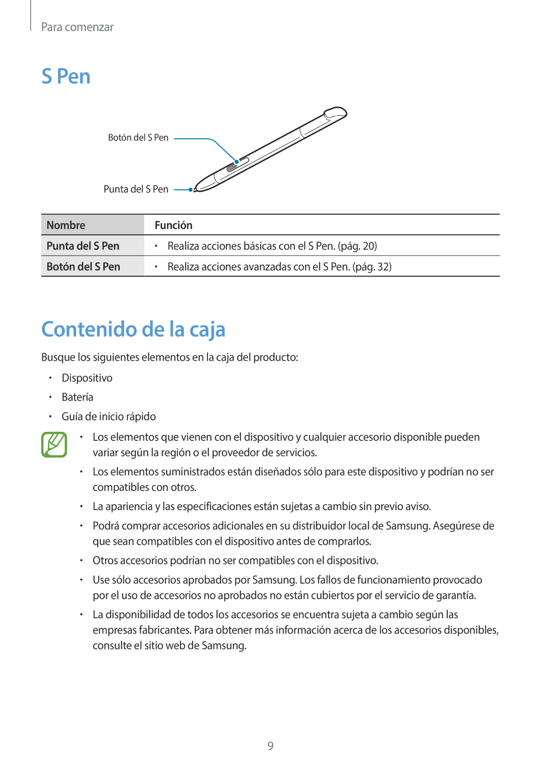 Samsung GT-N7100RWDPHE, GT-N7100RWDTPH, GT-N7100RWDDBT, GT-N7100TADDBT, GT-N7100ZBDDBT manual Pen, Contenido de la caja 