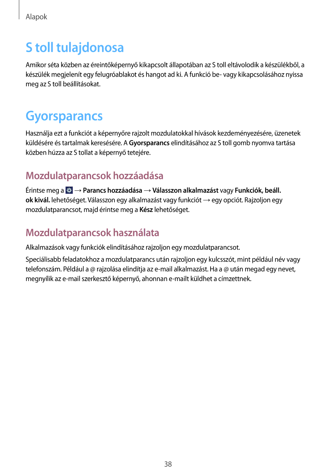 Samsung GT-N7100VSDXEH manual Toll tulajdonosa, Gyorsparancs, Mozdulatparancsok hozzáadása, Mozdulatparancsok használata 