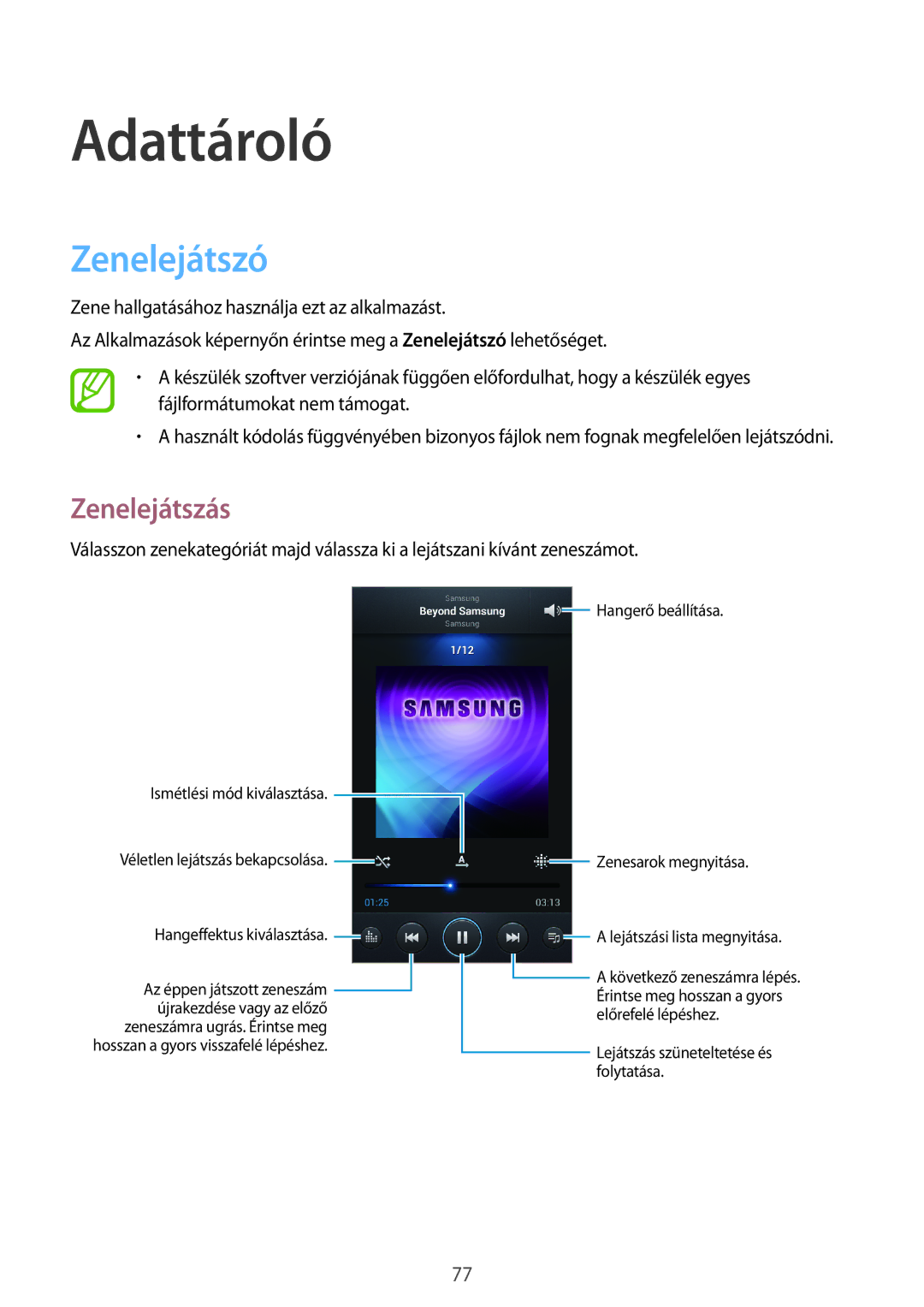 Samsung GT-N7100VSDXEH, GT-N7100RWDXEO, GT-N7100RWDDBT, GT-N7100TADDBT manual Adattároló, Zenelejátszó, Zenelejátszás 