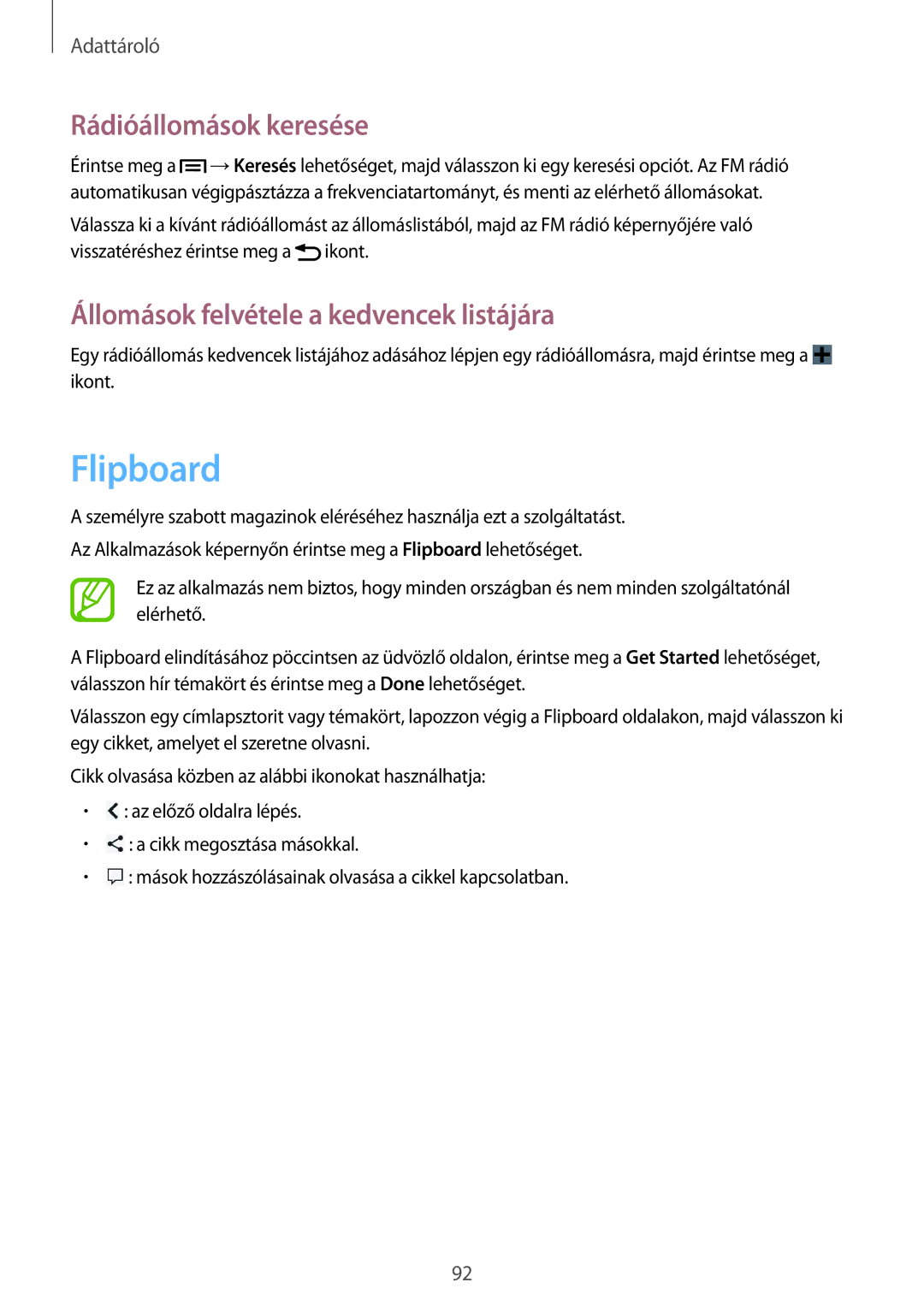 Samsung GT-N7100TADTMZ, GT-N7100RWDXEO manual Flipboard, Rádióállomások keresése, Állomások felvétele a kedvencek listájára 
