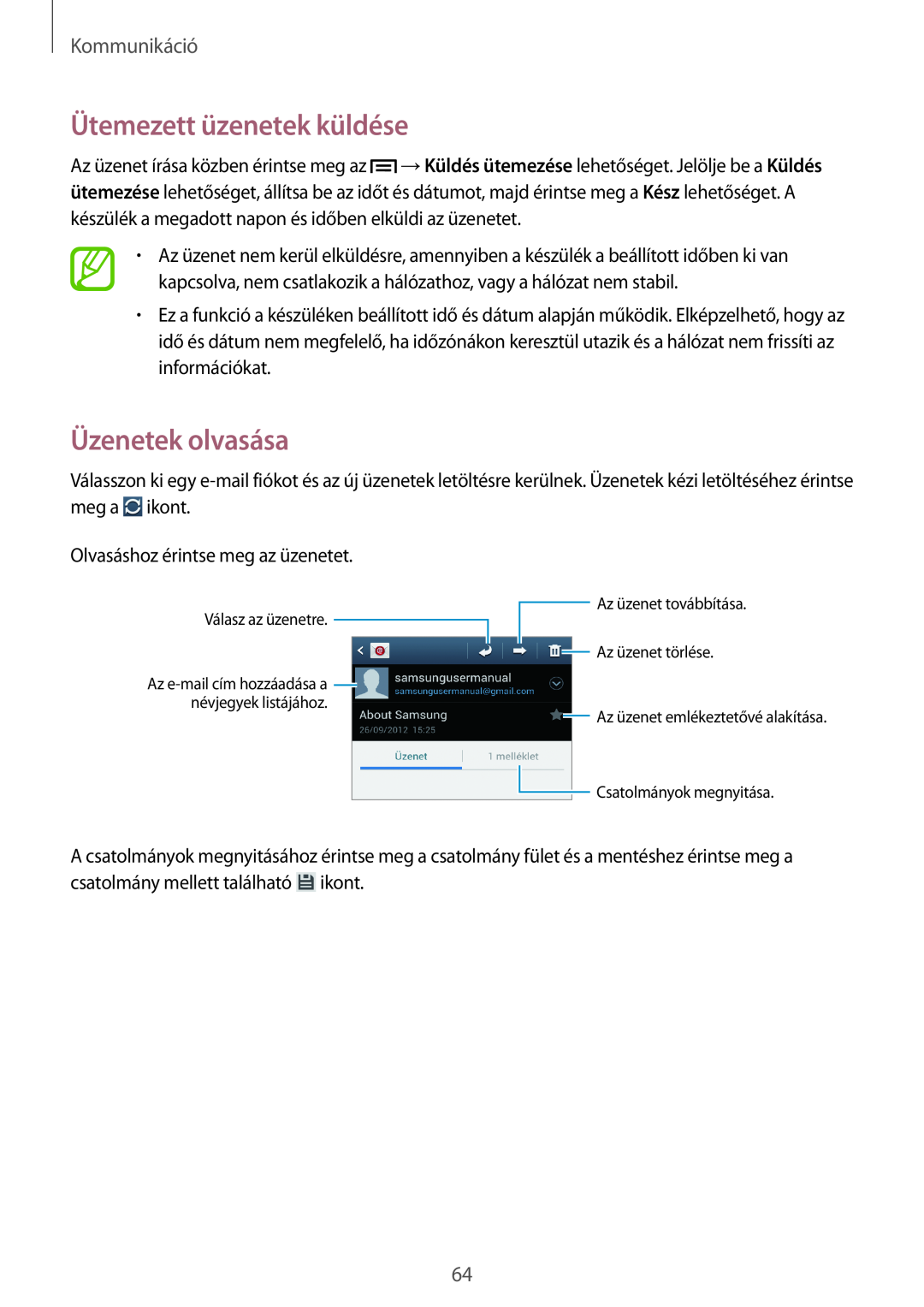 Samsung GT-N7100RWDPAN, GT-N7100RWDXEO Üzenetek olvasása, Ütemezett üzenetek küldése, Kommunikáció, Válasz az üzenetre 