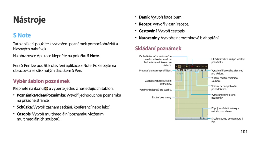 Samsung GT-N7100RWDETL, GT-N7100RWDXEO, GT-N7100TADATO manual Nástroje, Výběr šablon poznámek, Skládání poznámek, 101 