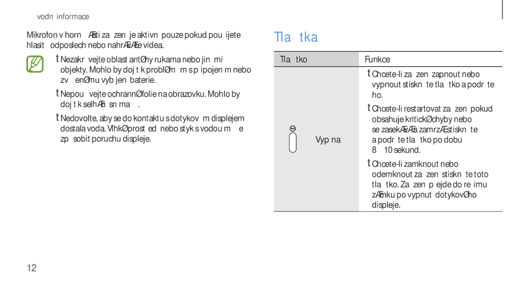 Samsung GT-N7100TAXETL, GT-N7100RWDXEO manual Tlačítka, TlačítkoFunkce, Vypínač a podržte tlačítko po dobu 8 10 sekund 