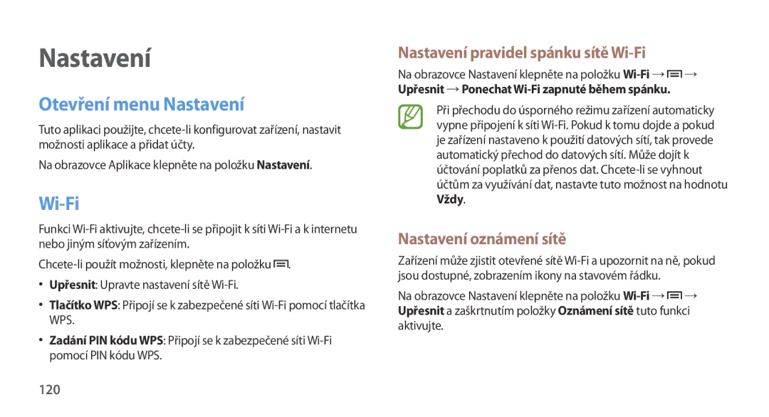 Samsung GT2N7100TADVDC Otevření menu Nastavení, Nastavení pravidel spánku sítě Wi-Fi, Nastavení oznámení sítě 