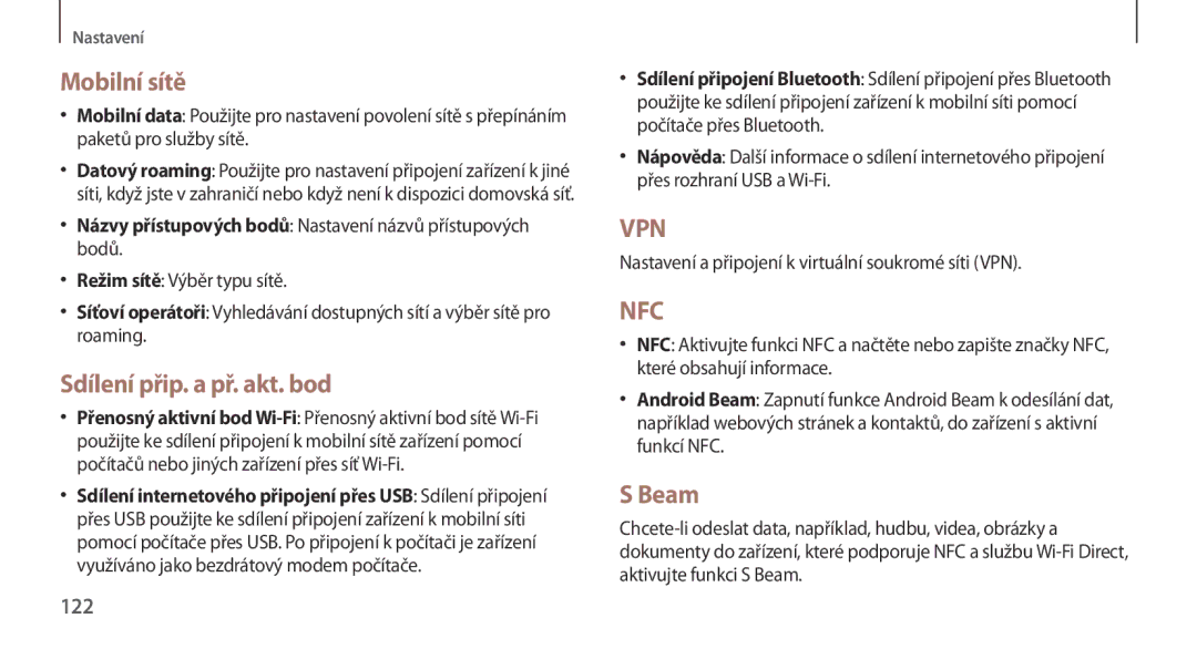 Samsung GT-N7100RWXETL, GT-N7100RWDXEO, GT-N7100TADATO, GT-N7100RWDATO Mobilní sítě, Sdílení přip. a př. akt. bod, Beam, 122 