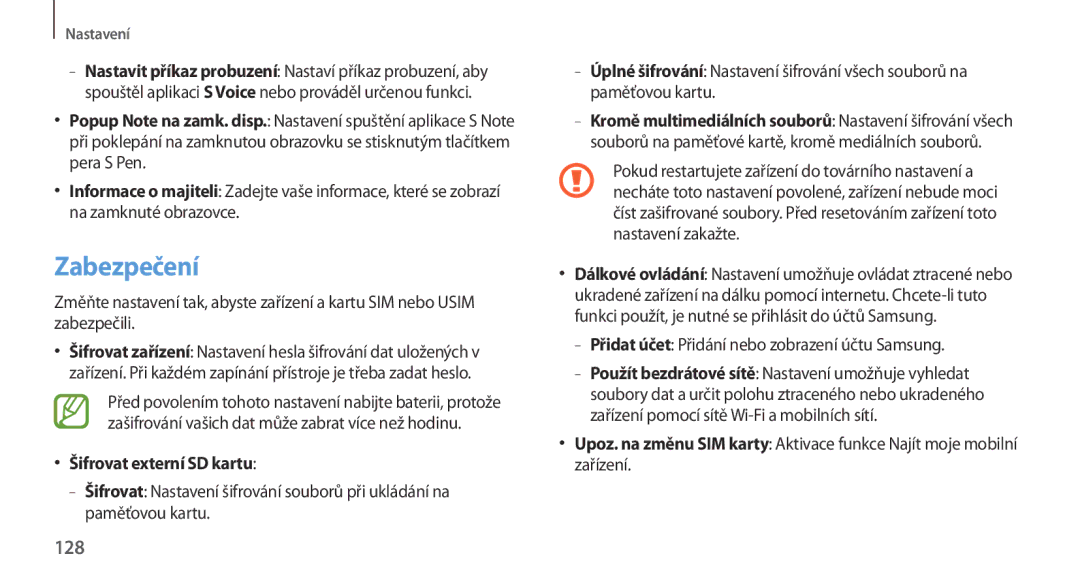 Samsung GT-N7100TADTMZ manual Zabezpečení, 128, Šifrovat externí SD kartu, Přidat účet Přidání nebo zobrazení účtu Samsung 