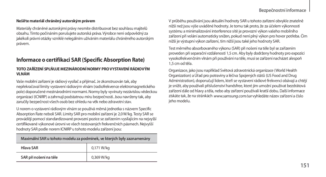 Samsung GT2N7100TADVDC, GT-N7100RWDXEO, GT-N7100TADATO manual 151, Informace o certifikaci SAR Specific Absorption Rate 