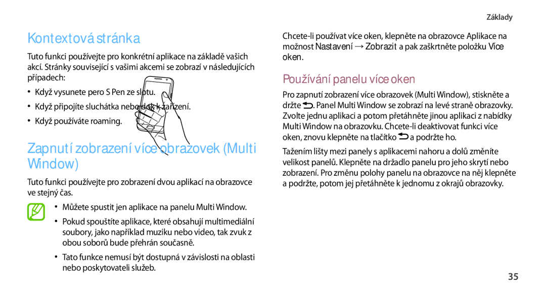 Samsung GT-N7100TADTMZ manual Kontextová stránka, Zapnutí zobrazení více obrazovek Multi Window, Používání panelu více oken 