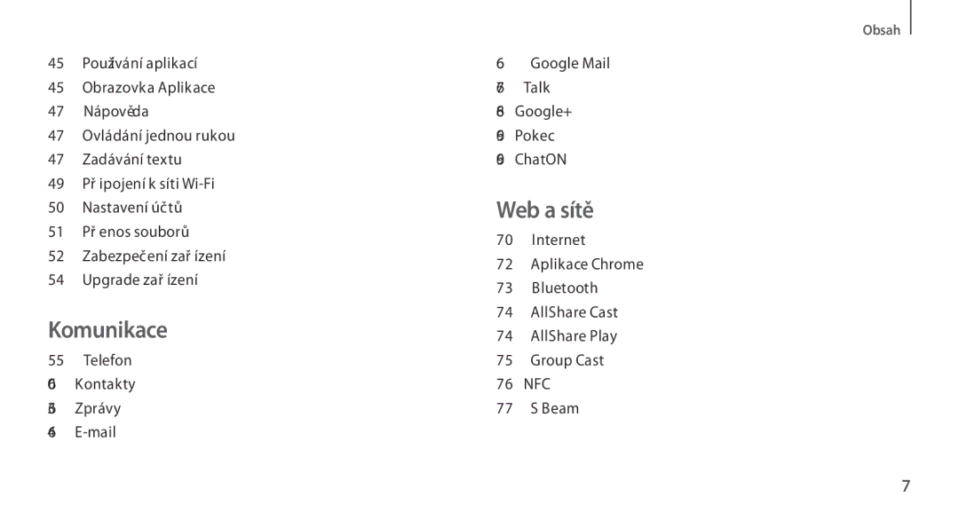 Samsung GT-N7100TADDRE, GT-N7100RWDXEO manual Telefon Kontakty 63 Zprávy Mail, Google Mail Talk Google+ Pokec ChatON 