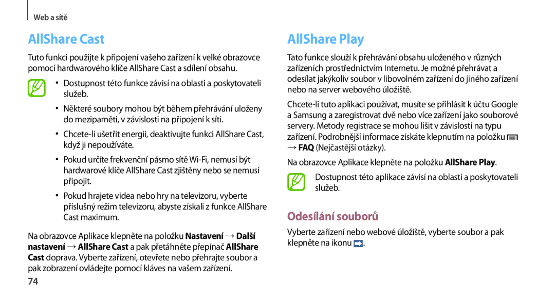 Samsung GT-N7100TAXETL, GT-N7100RWDXEO, GT-N7100TADATO, GT-N7100RWDATO manual AllShare Cast, AllShare Play, Odesílání souborů 