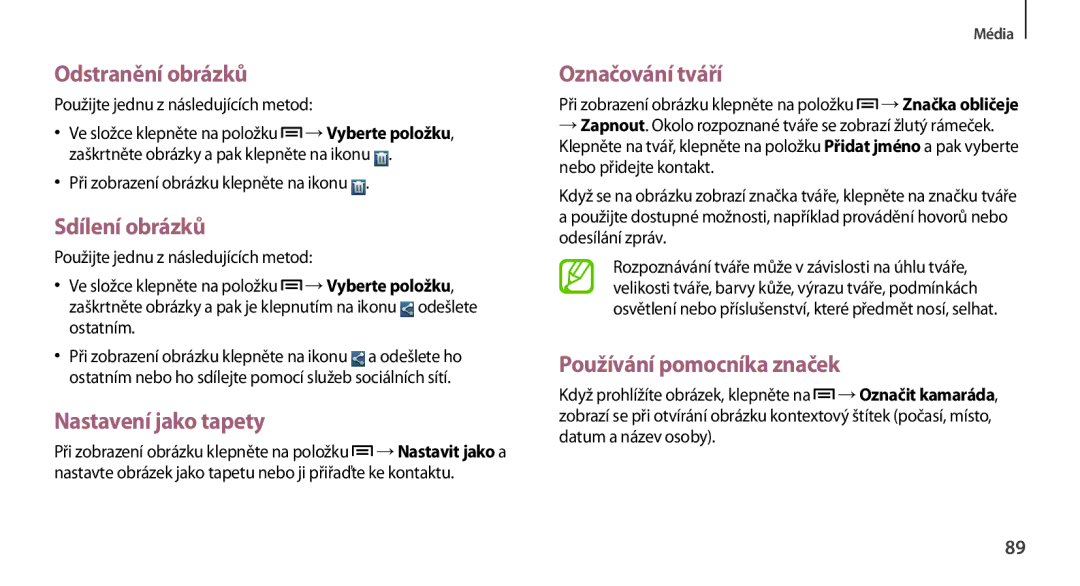 Samsung GT2N7100TADVDC, GT-N7100RWDXEO manual Odstranění obrázků, Sdílení obrázků, Nastavení jako tapety, Označování tváří 