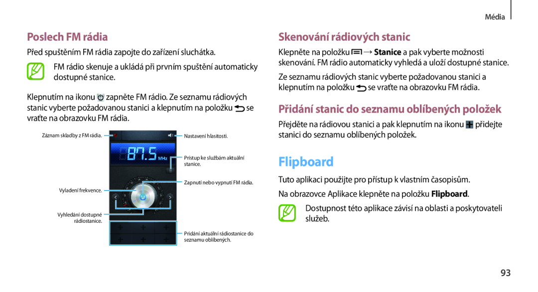 Samsung GT-N7100RWDXEO, GT-N7100TADATO, GT-N7100RWDATO manual Flipboard, Poslech FM rádia, Skenování rádiových stanic 