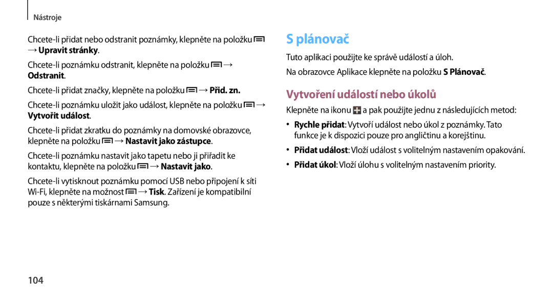 Samsung GT2N7100RWDO2C, GT-N7100RWDXEO, GT-N7100TADATO manual Plánovač, Vytvoření událostí nebo úkolů, 104, → Upravit stránky 