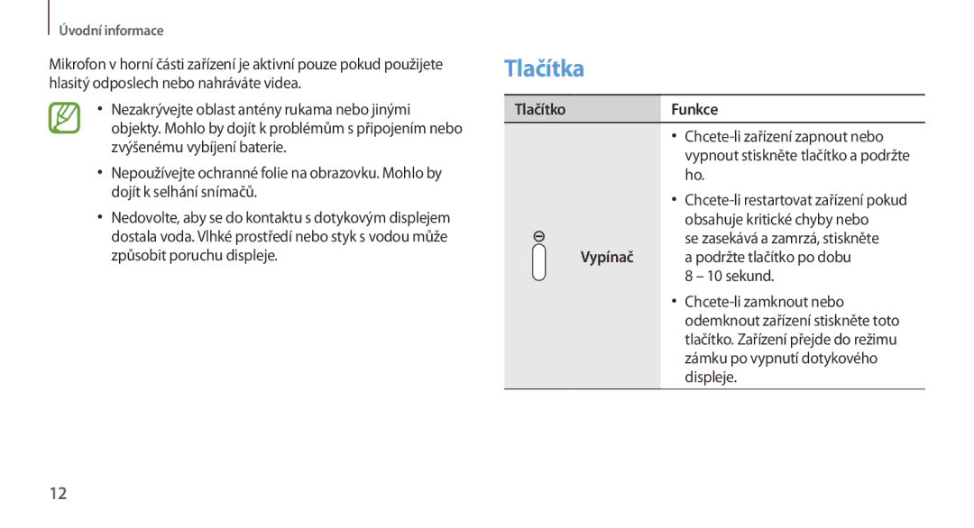 Samsung GT-N7100TAXETL, GT-N7100RWDXEO manual Tlačítka, TlačítkoFunkce, Vypínač a podržte tlačítko po dobu 8 10 sekund 