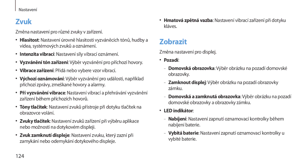 Samsung GT-N7100RWDXEO, GT-N7100TADATO, GT-N7100RWDATO, GT-N7100RWDVVT manual Zvuk, Zobrazit, 124, Pozadí, LED indikátor 