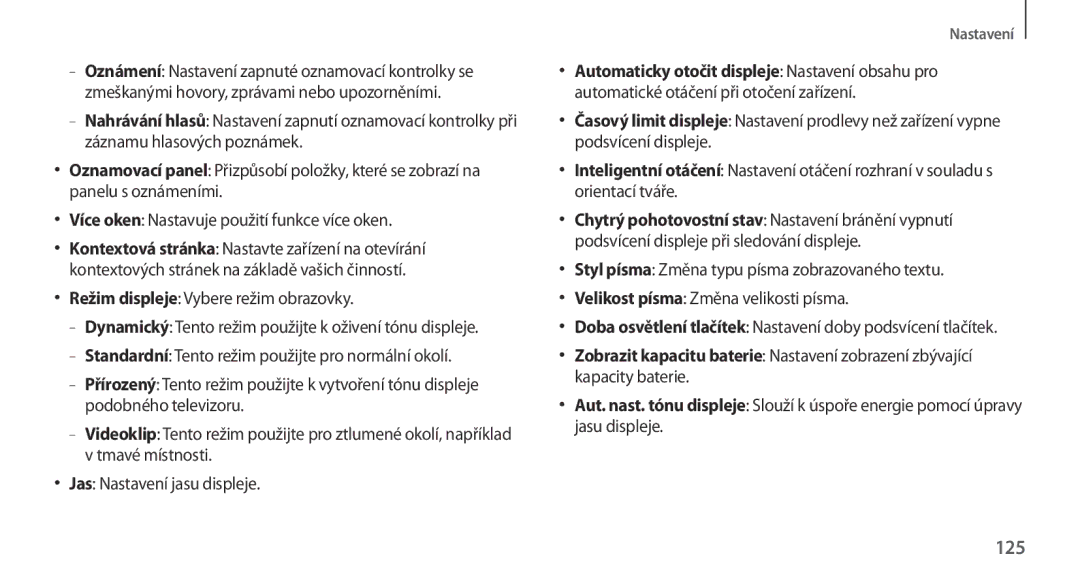 Samsung GT-N7100TADATO manual 125, Režim displeje Vybere režim obrazovky, Tmavé místnosti Jas Nastavení jasu displeje 