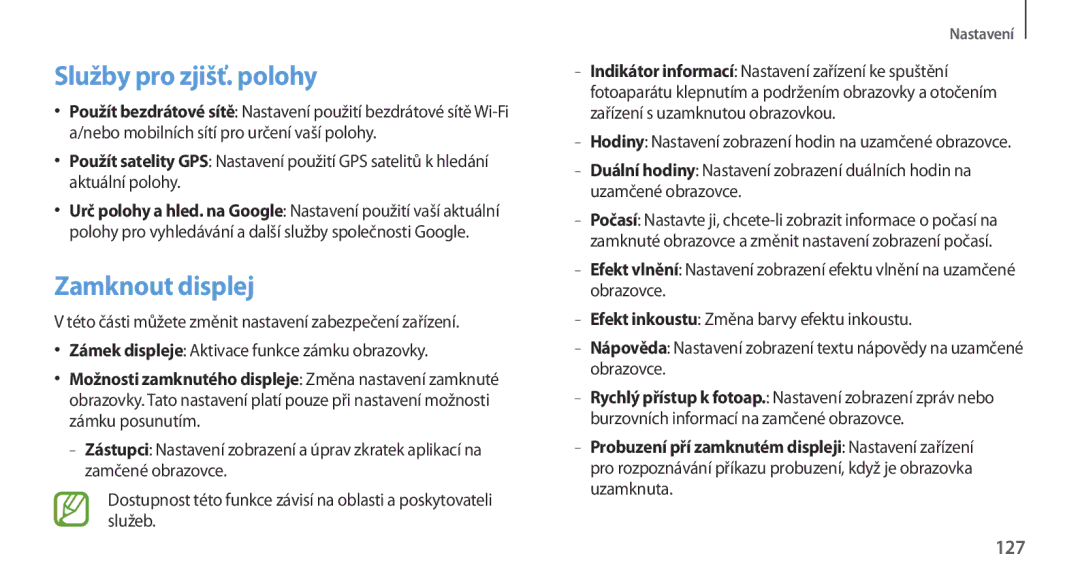 Samsung GT-N7100RWDVVT, GT-N7100RWDXEO, GT-N7100TADATO, GT-N7100RWDATO manual Služby pro zjišť. polohy, Zamknout displej, 127 