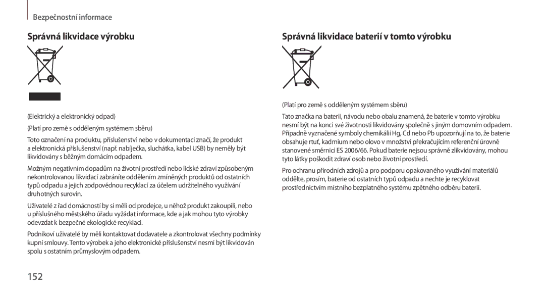 Samsung GT2N7100TADO2C, GT-N7100RWDXEO manual Správná likvidace výrobku, Správná likvidace baterií v tomto výrobku, 152 