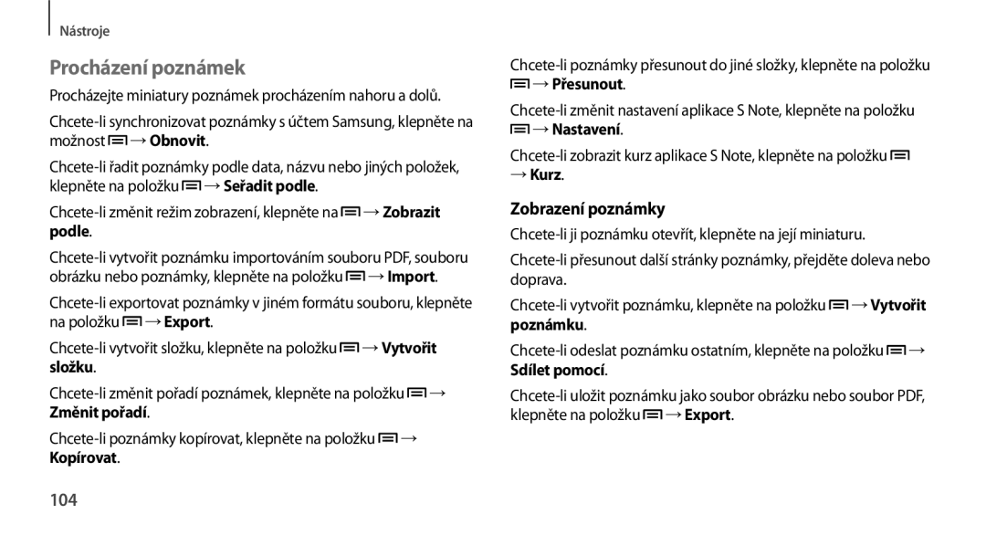 Samsung GT-N7100TAXETL, GT-N7100RWDXEO, GT-N7100TADATO, GT-N7100RWDATO manual Procházení poznámek, Zobrazení poznámky, 104 