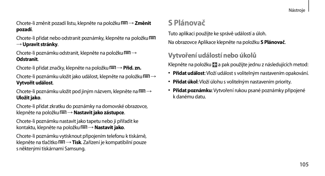 Samsung GT-N7100RWDVDC, GT-N7100RWDXEO, GT-N7100TADATO, GT-N7100RWDATO manual Plánovač, Vytvoření událostí nebo úkolů, 105 