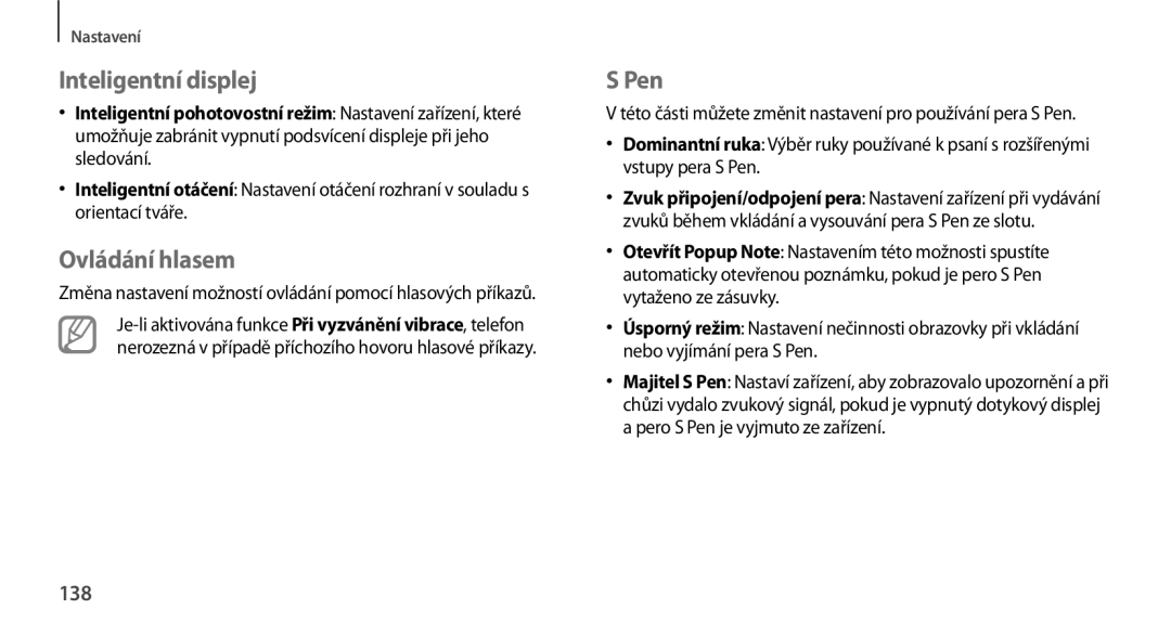Samsung GT2N7100RWDETL, GT-N7100RWDXEO, GT-N7100TADATO, GT-N7100RWDATO manual Inteligentní displej, Ovládání hlasem, Pen, 138 