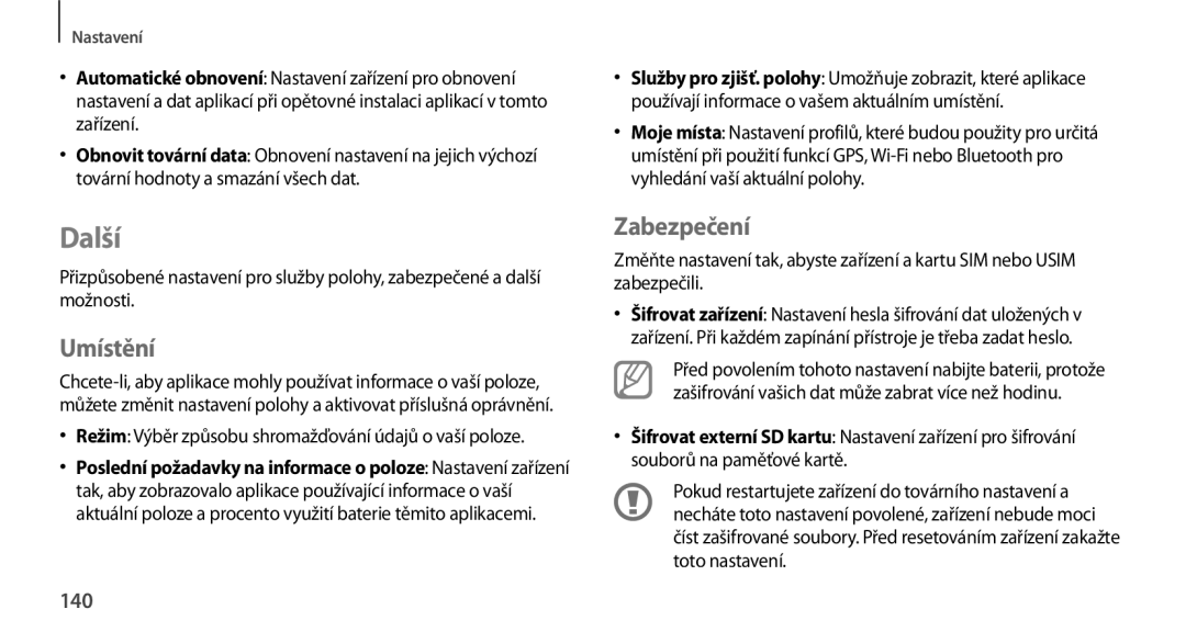 Samsung GT-N7100TADVDC, GT-N7100RWDXEO, GT-N7100TADATO, GT-N7100RWDATO, GT-N7100RWDVVT manual Další, Umístění, Zabezpečení, 140 