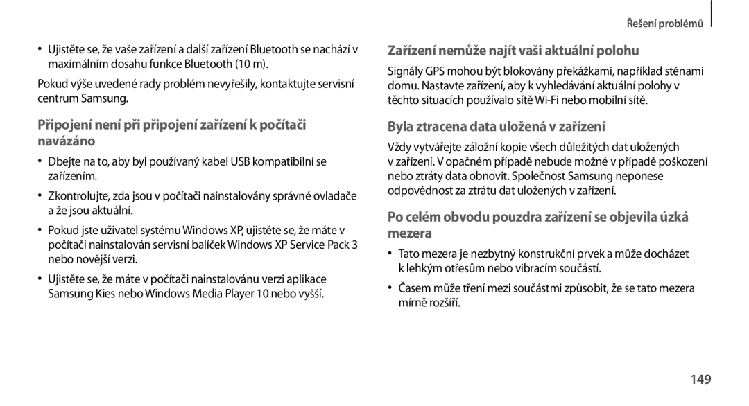 Samsung GT-N7100RWDO2C, GT-N7100RWDXEO, GT-N7100TADATO manual Připojení není při připojení zařízení k počítači navázáno, 149 